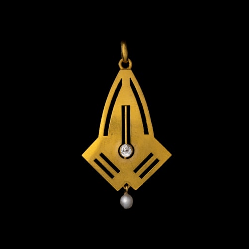A Modern geometrical gold pendant with diamond and natural pearl.
